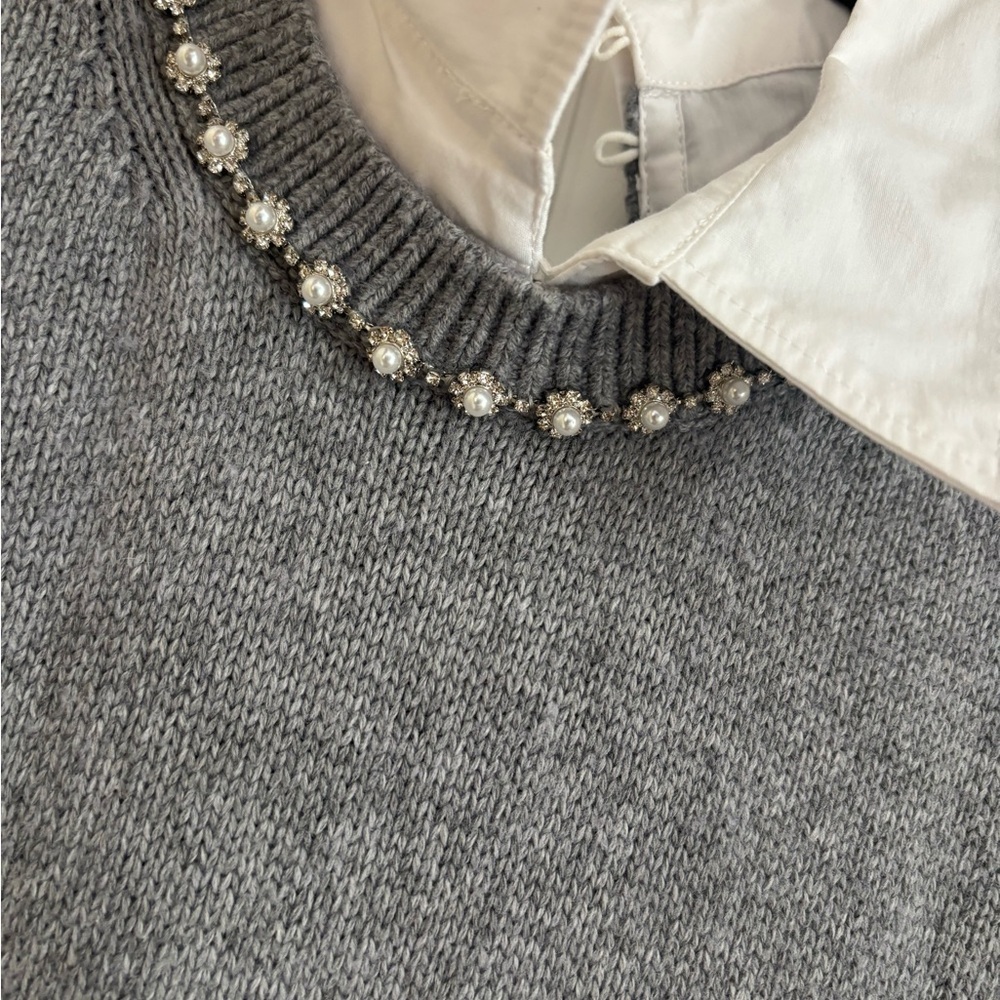 cinq a sept Gray Knit Sweater Dress with White Collar & Cuffs - Picture 7 of 14